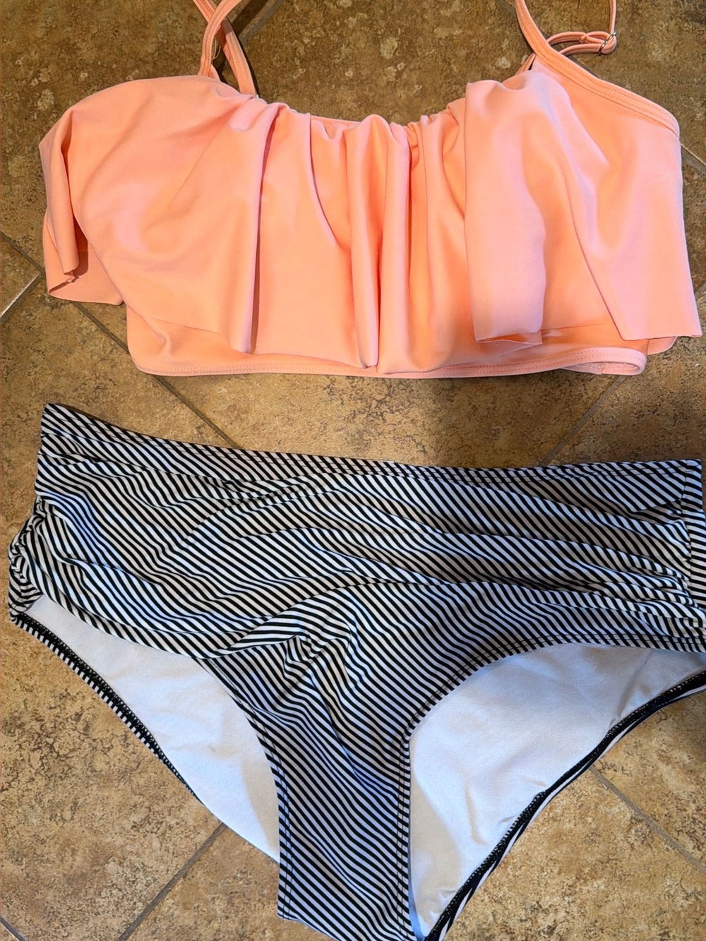 Cupshe Peach Ruffled Bikini Top with Black & White Striped Bottoms